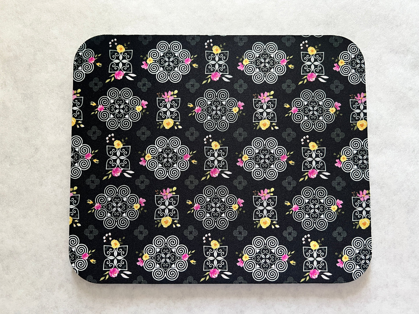 1/4" Thick Mousepad - Hmong Inspired - Pink and Yellow Watercolor Florals - White on Black Theme