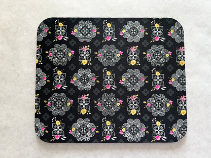 1/4" Thick Mousepad - Hmong Inspired - Pink and Yellow Watercolor Florals - White on Black Theme