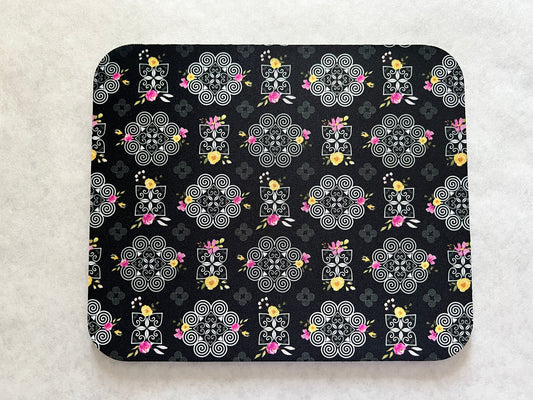 1/4" Thick Mousepad - Hmong Inspired - Pink and Yellow Watercolor Florals - White on Black Theme