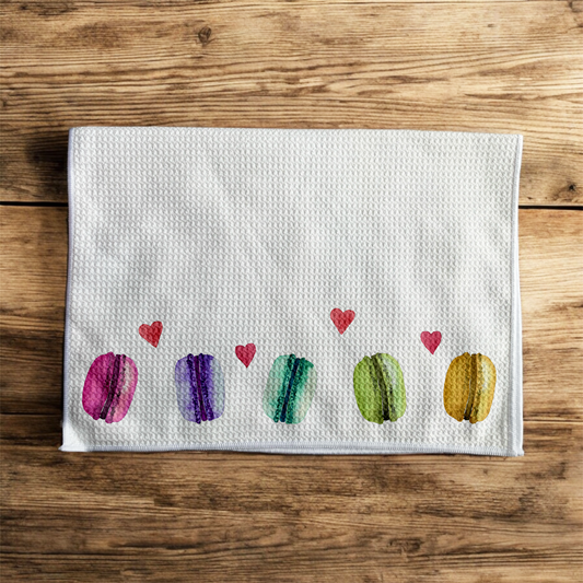 Watercolor Assorted Lined Macarons - Horizontal - Waffle Weave Microfiber Hand Kitchen Towel
