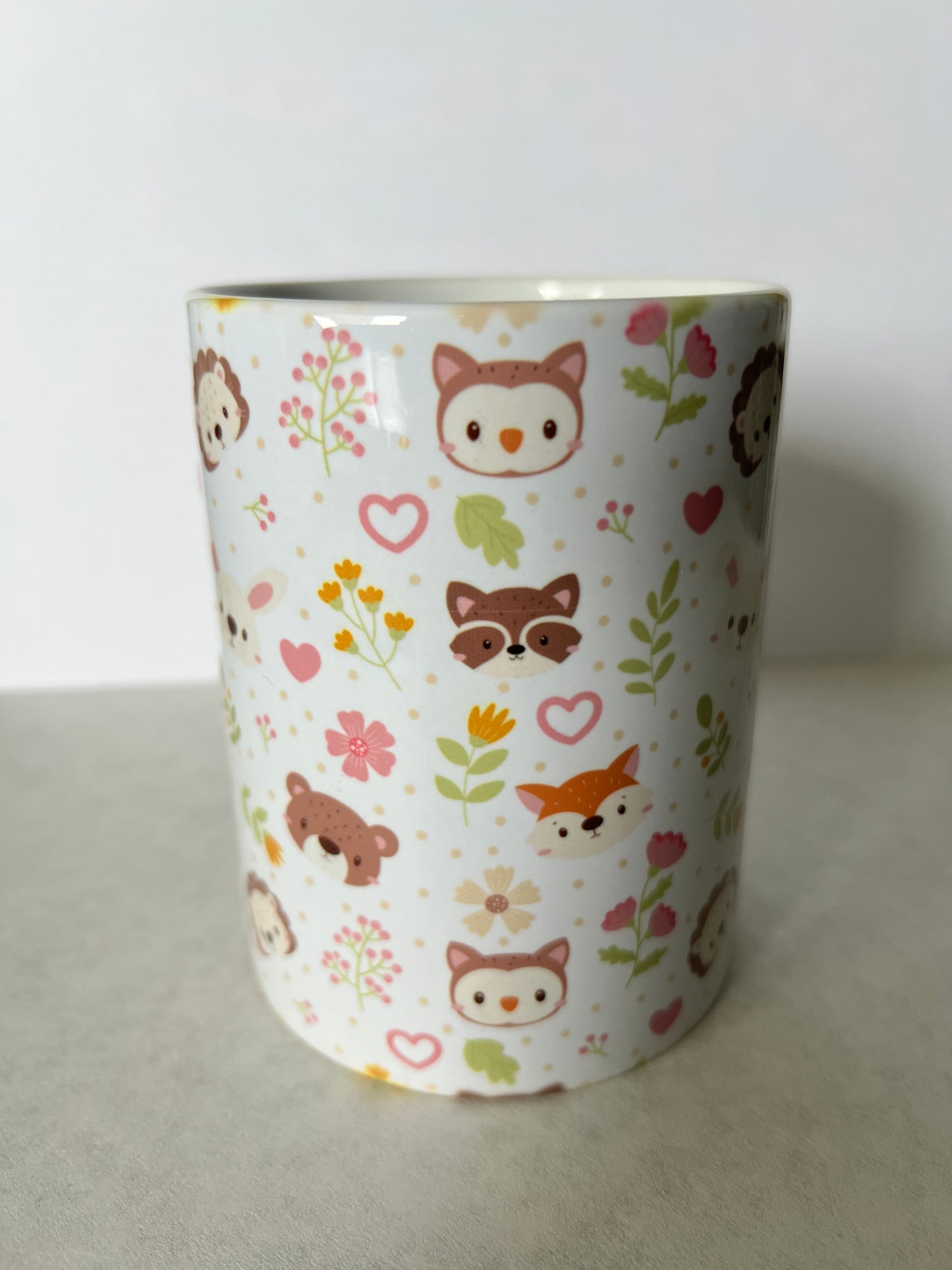 Mug 15oz White Ceramic - Cute Assorted Animals - Pink and Green Theme