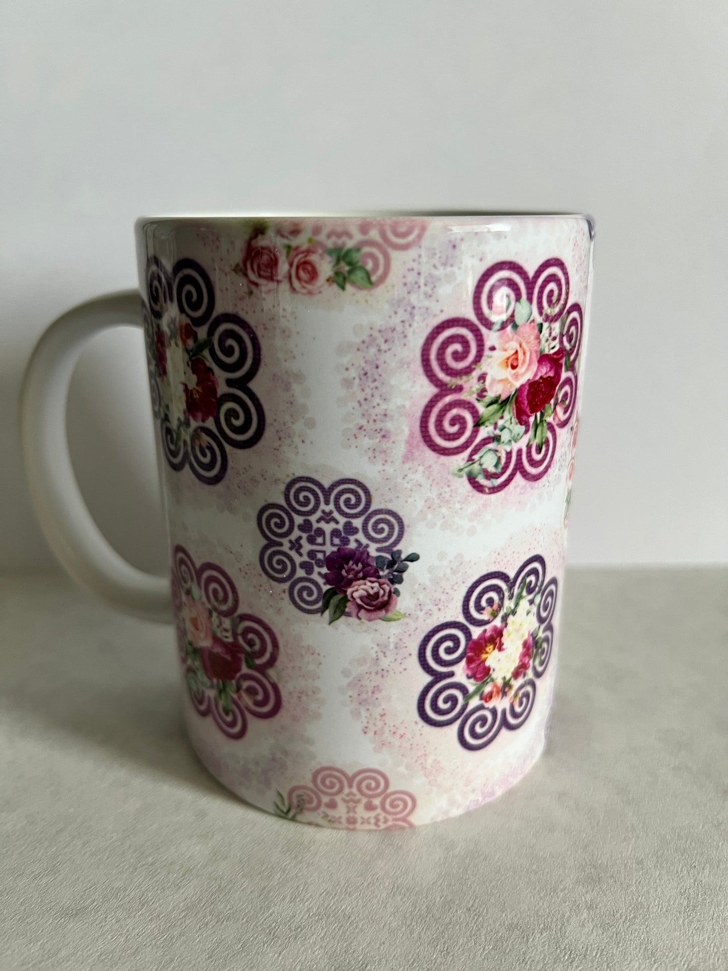Mug 15oz White Ceramic - Hmong Inspired - Watercolor Florals Patchwork - Pink Purple Ink Splatters