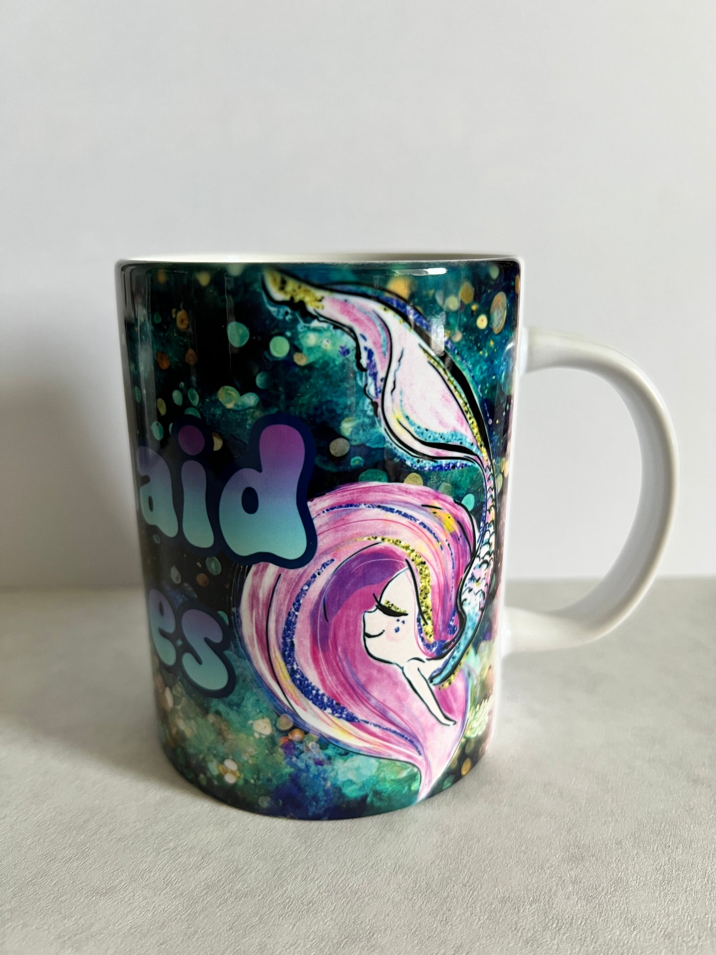 Mug 15oz White Ceramic - Mermaid Vibes - Bright Color Blue Pink Theme