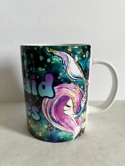 Mug 15oz White Ceramic - Mermaid Vibes - Bright Color Blue Pink Theme