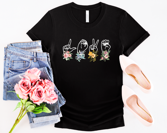 Unisex t-shirt: LOVE Sign Language - Floral Design on Black
