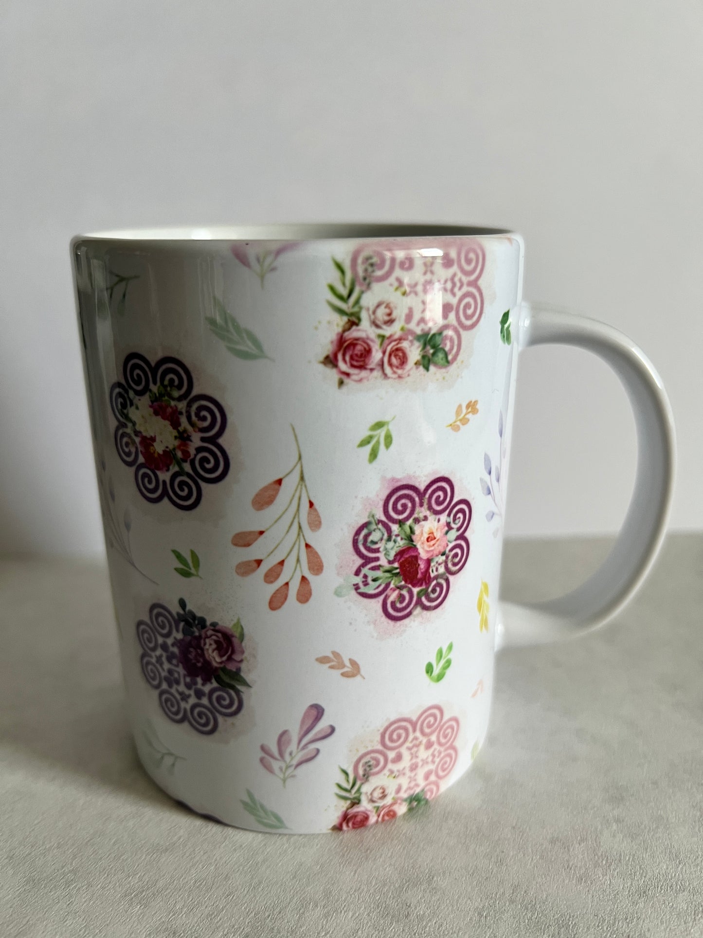 Mug 15oz White Ceramic - Hmong Inspired - Watercolor Florals Leaves Patchwork