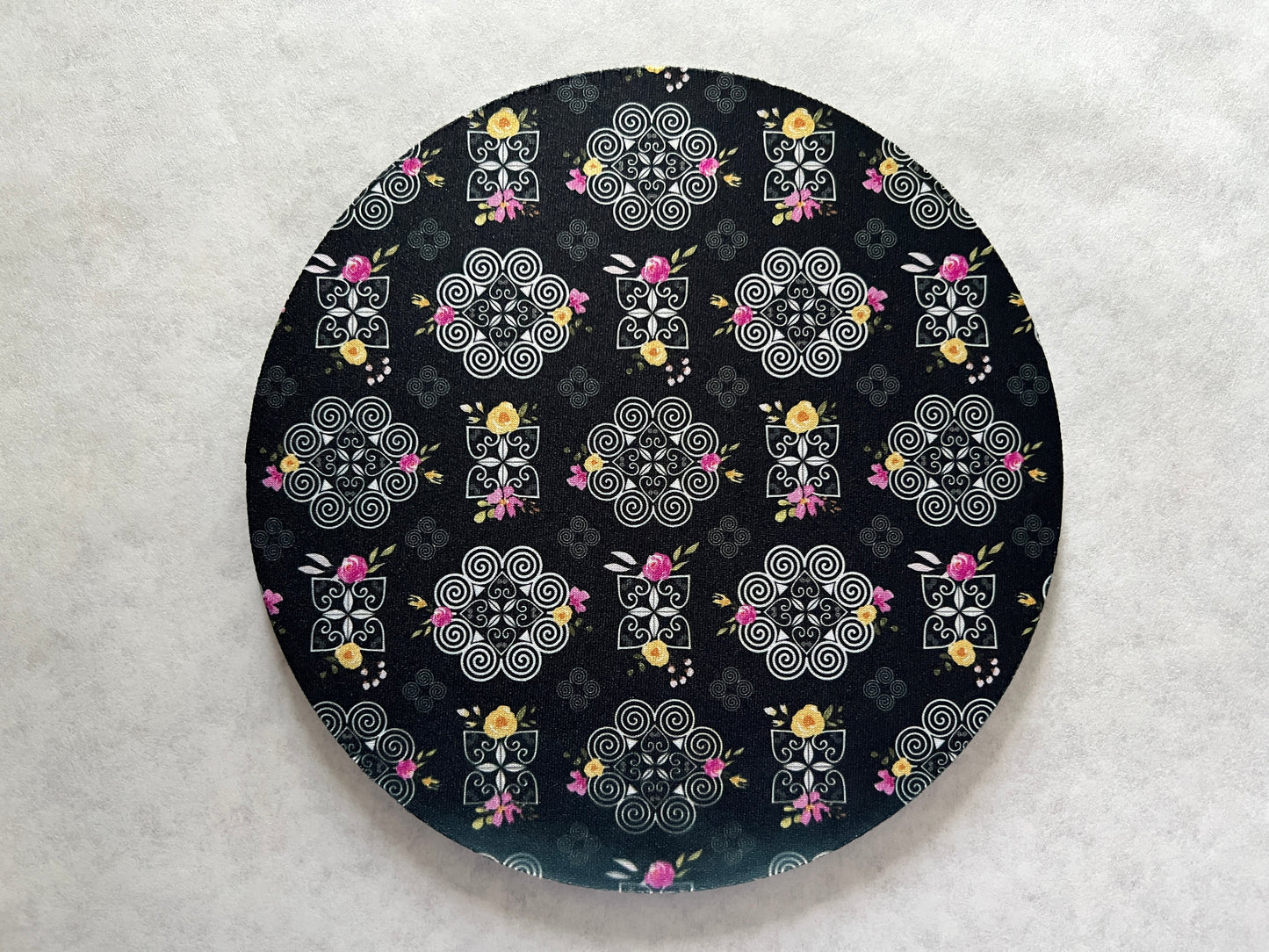 7.5" Round Mousepad (1/4" Thick) - Hmong Inspired - Pink and Yellow Watercolor Florals - White on Black Theme