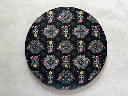 7.5" Round Mousepad (1/4" Thick) - Hmong Inspired - Pink and Yellow Watercolor Florals - White on Black Theme
