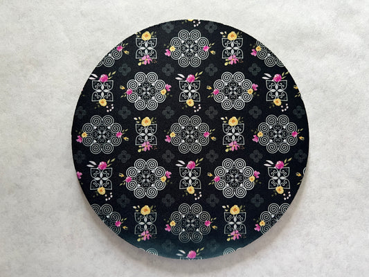 7.5" Round Mousepad (1/4" Thick) - Hmong Inspired - Pink and Yellow Watercolor Florals - White on Black Theme