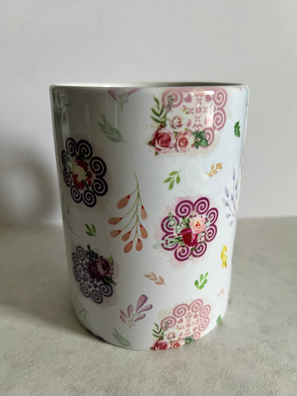 Mug 15oz White Ceramic - Hmong Inspired - Watercolor Florals Leaves Patchwork
