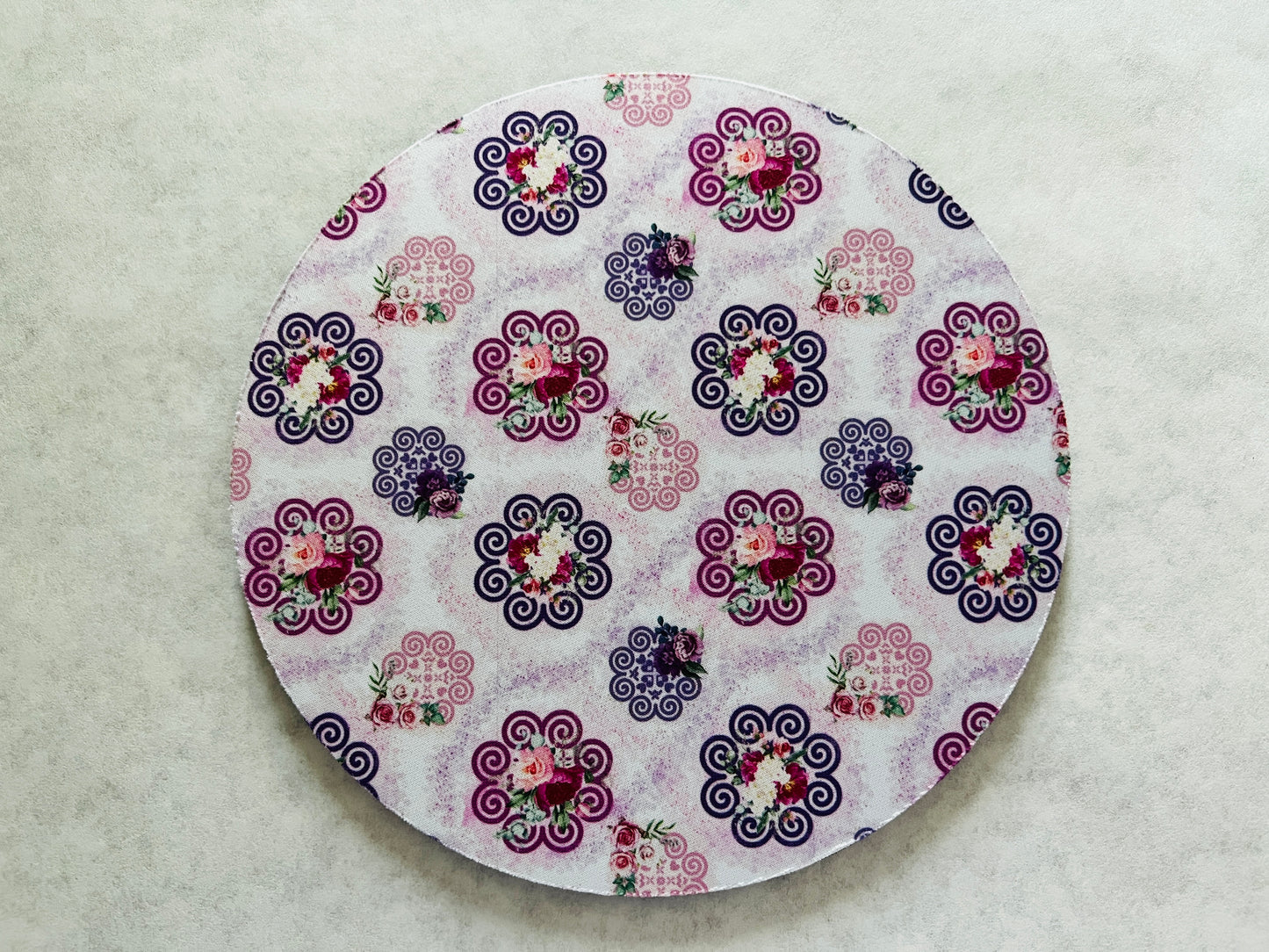 7.5" Round Mousepad (1/4" Thick) - Hmong Inspired - Watercolor Florals Patchwork - Pink and Purple Ink Splashes