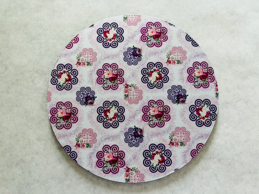 7.5" Round Mousepad (1/4" Thick) - Hmong Inspired - Watercolor Florals Patchwork - Pink and Purple Ink Splashes