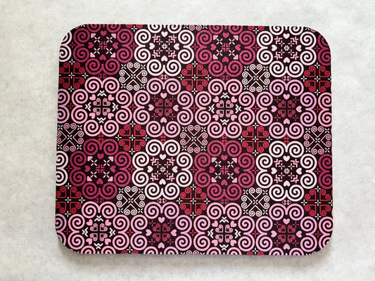1/4" Thick Mousepad - Hmong Inspired - Cute Colorful Pattern Design - Light Red and Pink Theme