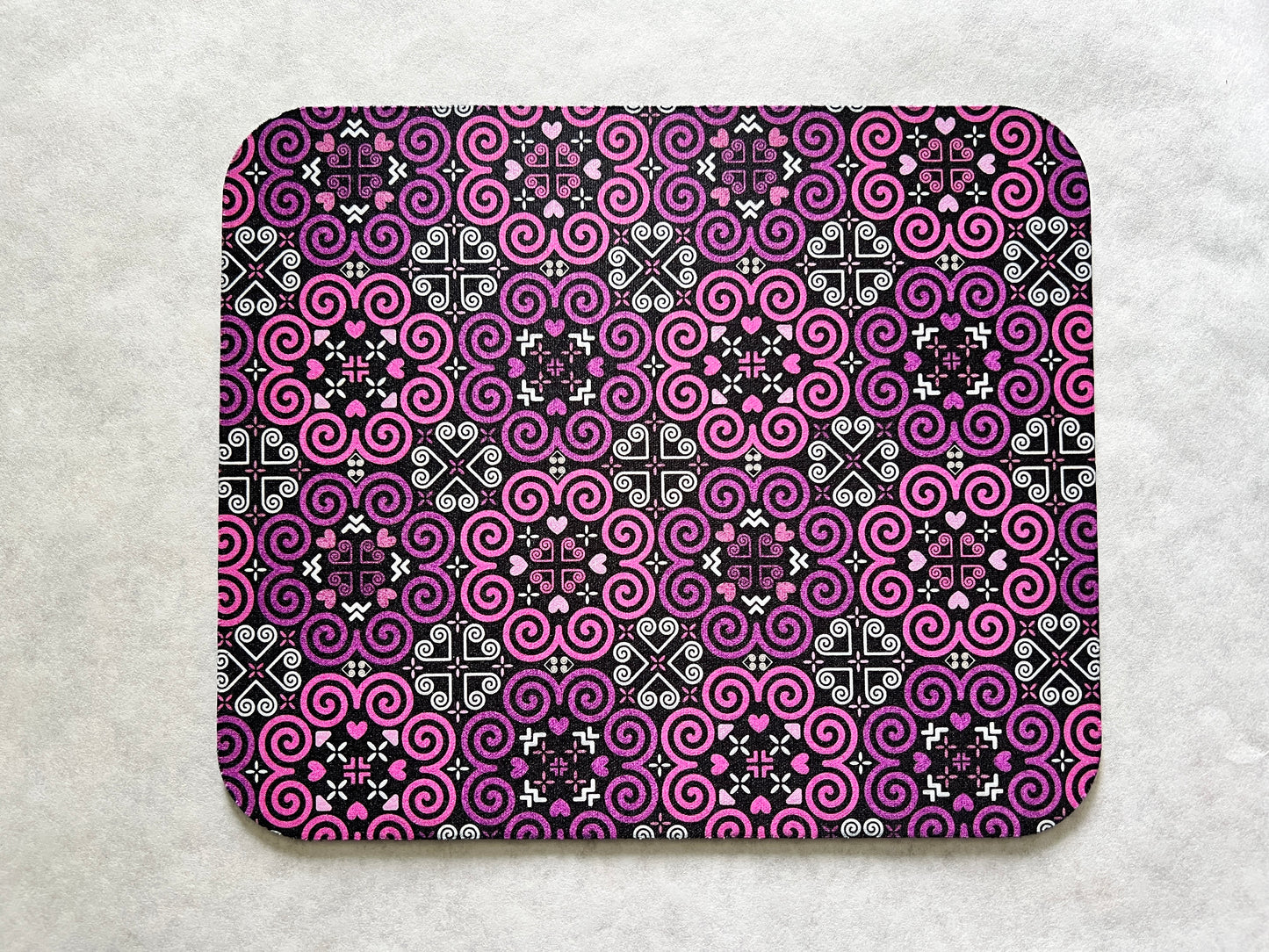 1/8" Thick Mousepad - Hmong Inspired - Cute Colorful Pattern Design - Bright Pink and Purple Theme