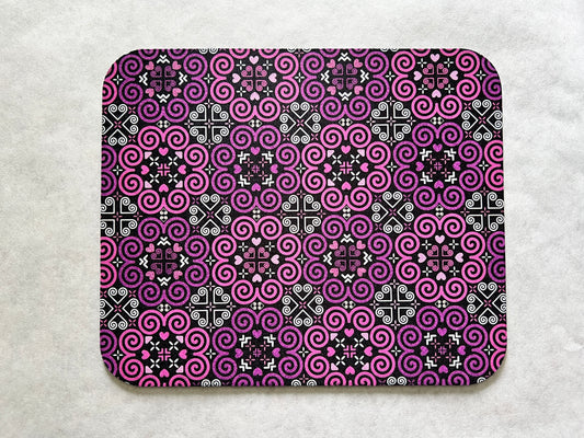 1/8" Thick Mousepad - Hmong Inspired - Cute Colorful Pattern Design - Bright Pink and Purple Theme