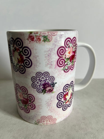 Mug 15oz White Ceramic - Hmong Inspired - Watercolor Florals Patchwork - Pink Purple Ink Splatters