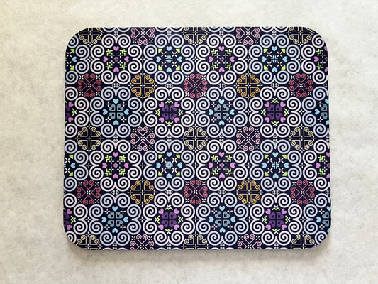 1/8" Thick Mousepad - Hmong Inspired - Cute Colorful Pattern Design - Bright Blue Pink Denim Pastel Theme