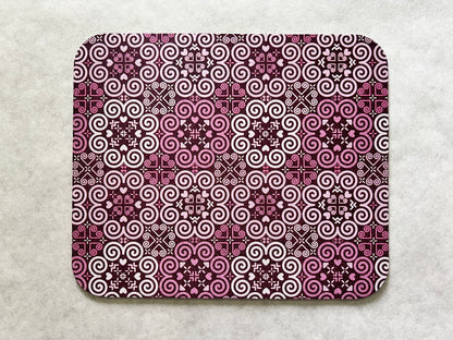 1/8" Thick Mousepad - Hmong Inspired - Cute Colorful Pattern Design - Pink Plum Theme