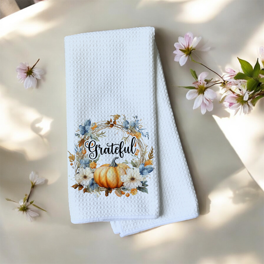 Grateful - Watercolor Pumpkins Florals Wreath - Waffle Weave Microfiber Hand Kitchen Towel