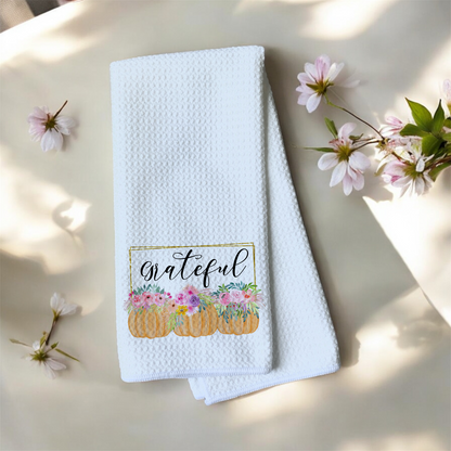 Grateful - Watercolor Pumpkins Pink Purple Florals Frame - Waffle Weave Microfiber Hand Kitchen Towel