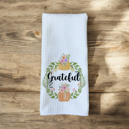 Grateful - Watercolor Pumpkins Pink Purple Orange Green Florals Wreath - Waffle Weave Microfiber Hand Kitchen Towel