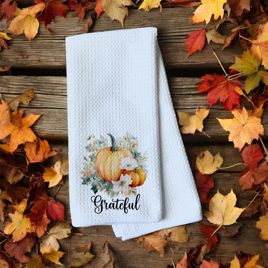 Grateful - Watercolor Pumpkins White Green Florals - Waffle Weave Microfiber Hand Kitchen Towel (Copy)