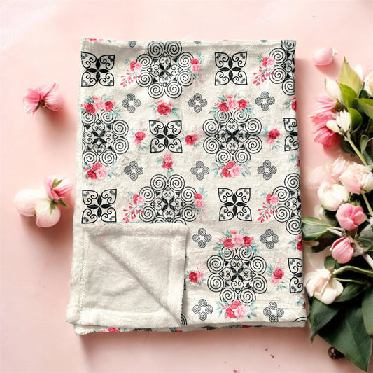 Minky Blanket - Hmong Inspired - Red and Pink Roses Watercolor - White BG