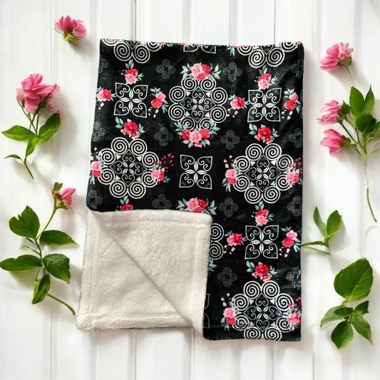 Minky Blanket - Hmong Inspired - Red and Pink Roses Watercolor - Black  BG