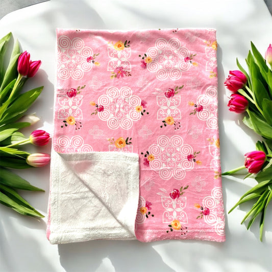 Minky Blanket - Hmong Inspired - Pink Yellow Watercolor Florals - Pink BG