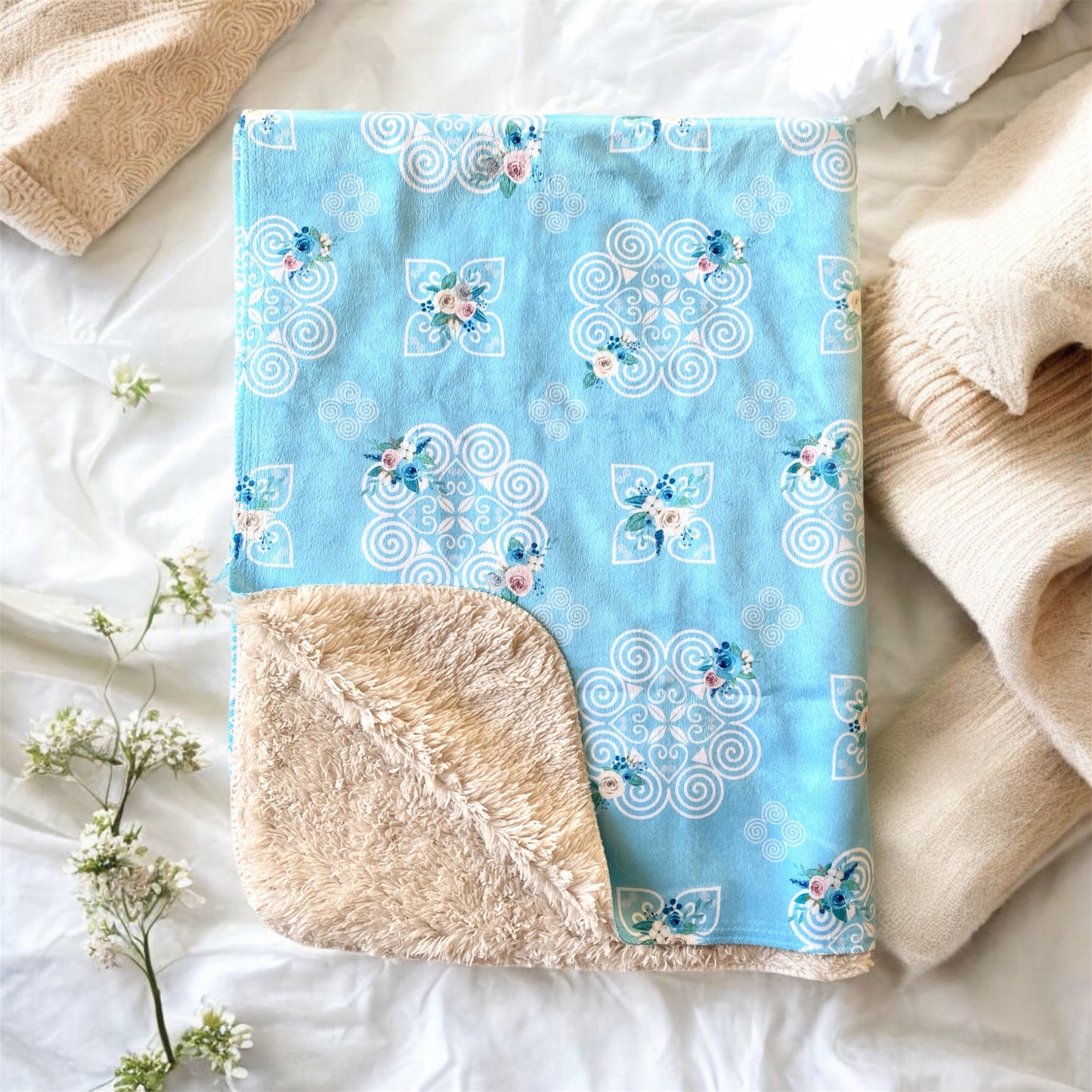 Sherpa Blanket (SAND) - Hmong Inspired - Blue White Watercolor Florals - Baby Blue BG