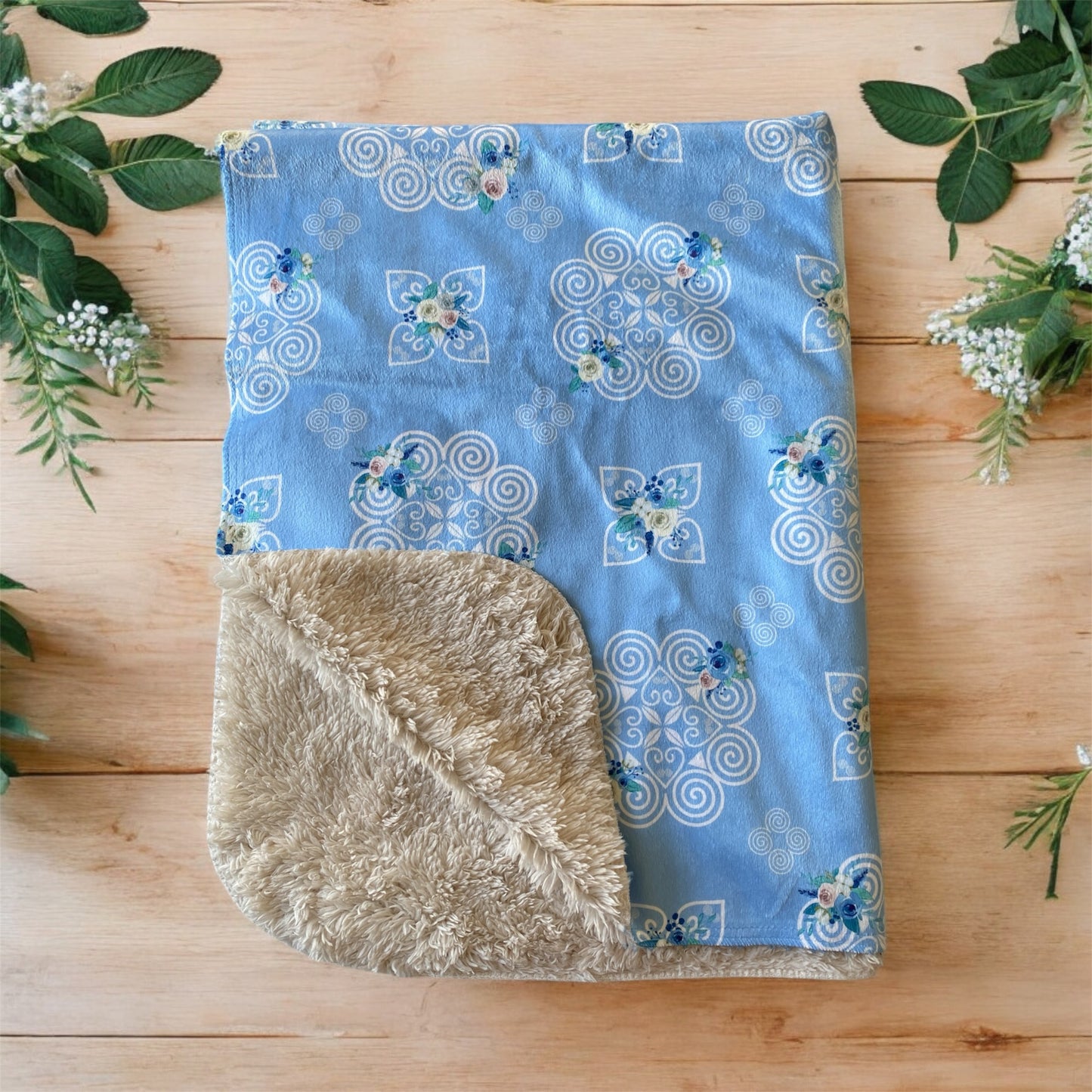 Sherpa Blanket (SAND) - Hmong Inspired - Blue White Watercolor Florals - White on Gray Blue BG