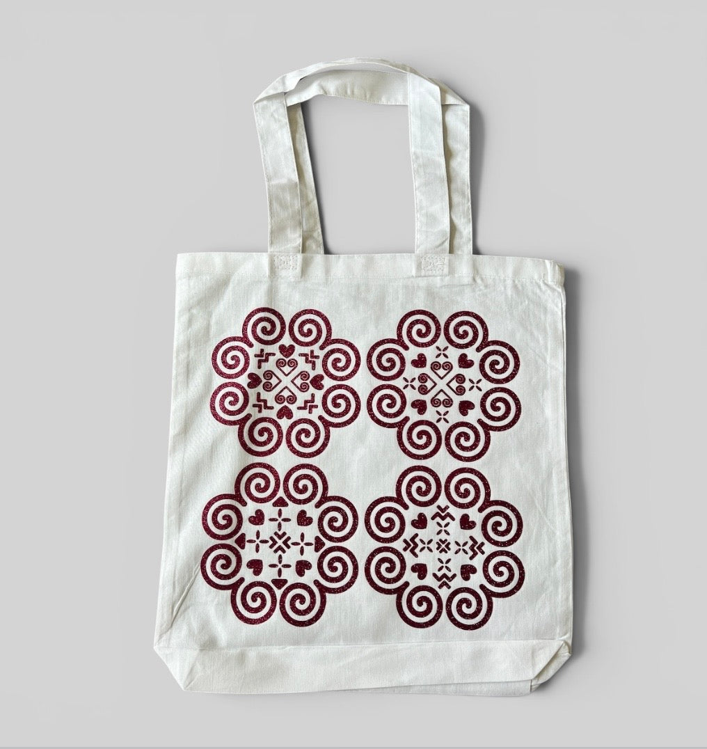 Basic White Tote Bag - Hmong Inspired - Dark Pink Glitter Design