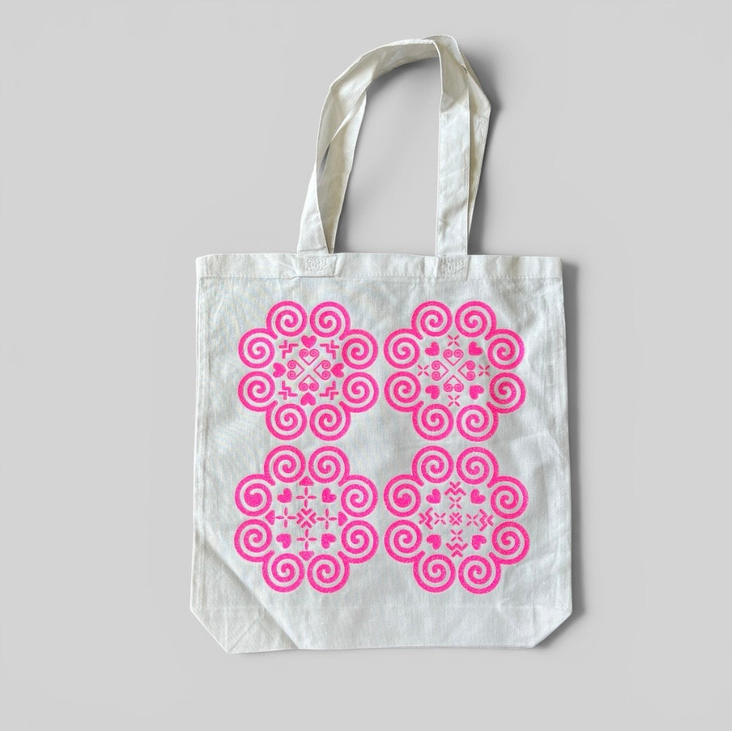 Basic White Tote Bag - Hmong Inspired - Bright Hot Pink Glitter Design