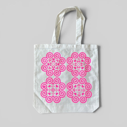 Basic White Tote Bag - Hmong Inspired - Bright Hot Pink Glitter Design