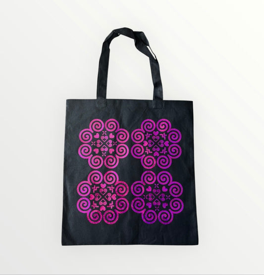 Basic Black Tote Bag - Hmong Inspired - Magenta Holographic Design