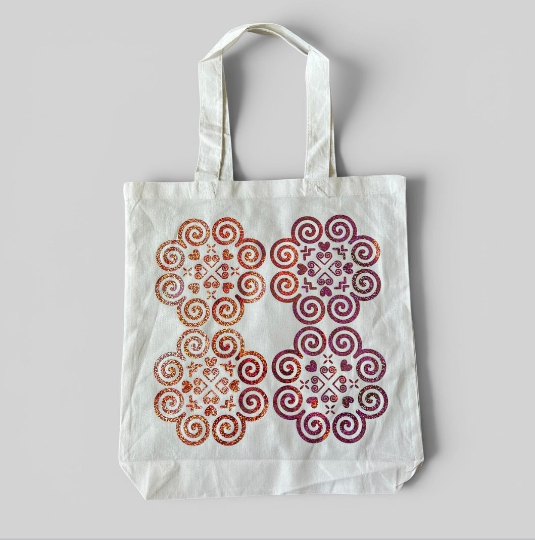 Basic White Tote Bag - Hmong Inspired - Rose Pink Holographic Design 2 (Rotated)