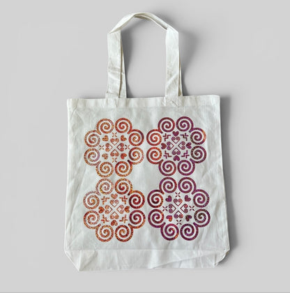Basic White Tote Bag - Hmong Inspired - Rose Pink Holographic Design 2 (Rotated)