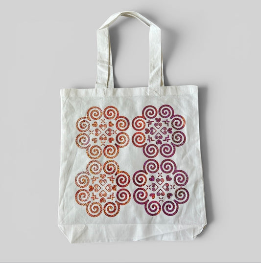 Basic White Tote Bag - Hmong Inspired - Rose Pink Holographic Design 2 (Rotated)