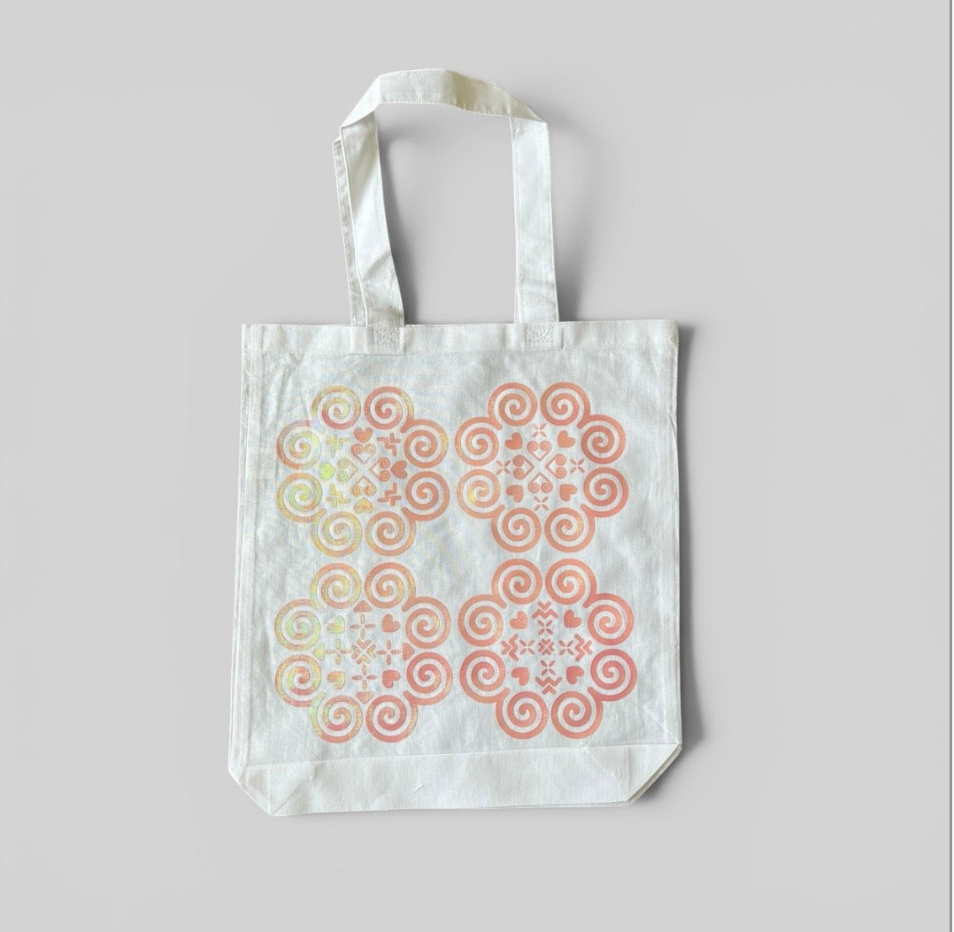 White Tote Bag - Hmong Inspired - Pink, Shiny Textured Design