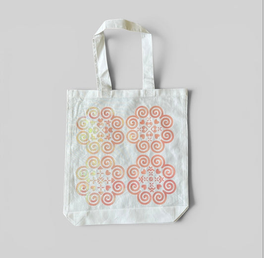 White Tote Bag - Hmong Inspired - Pink, Shiny Textured Design