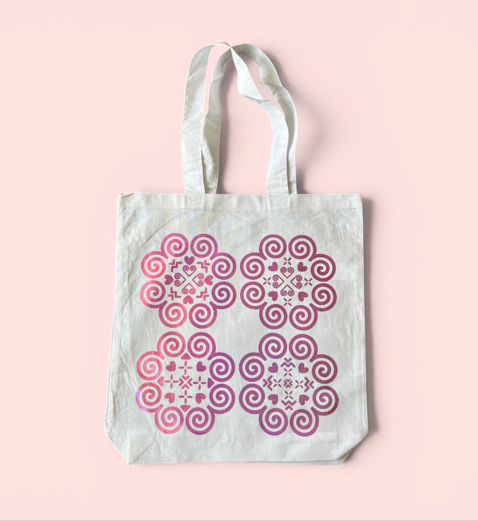 Basic White Tote Bag - Hmong Inspired - Pink Soft Metallic Design