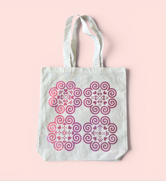 Basic White Tote Bag - Hmong Inspired - Pink Soft Metallic Design