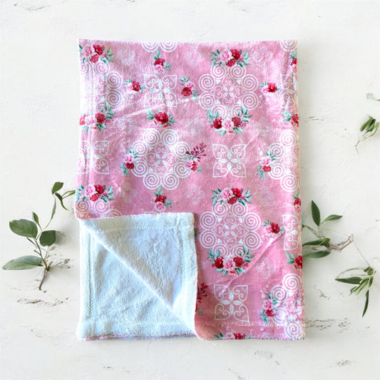 Minky Blanket - Hmong Inspired - Red and Pink Roses Watercolor - Pink BG