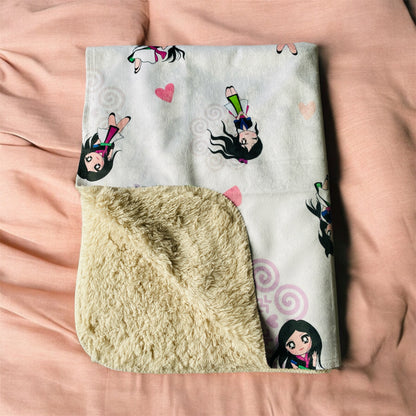 Sherpa Blanket (SAND) - Hmong Inspired - Kawaii Characters - Heart Watercolors - White BG