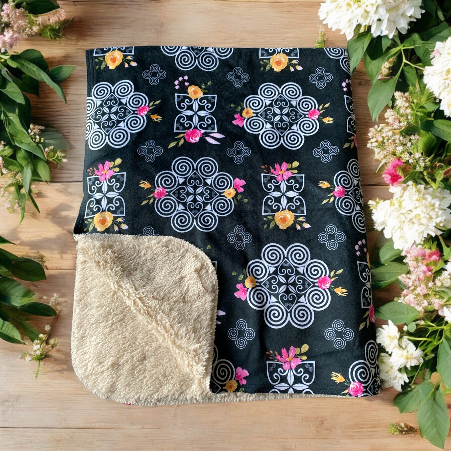 SHERPA BLANKET (SAND) - HMONG INSPIRED DESIGN - PINK AND YELLOW WATERCOLOR FLOWER FLORALS - WHITE ON BLACK BG