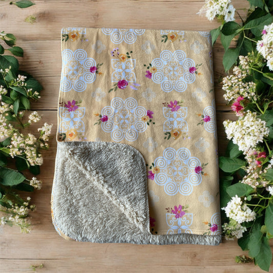 SHERPA BLANKET (SAND) - HMONG INSPIRED DESIGN - PINK AND YELLOW WATERCOLOR FLOWERS FLORALS - WHITE ON YELLOW BG