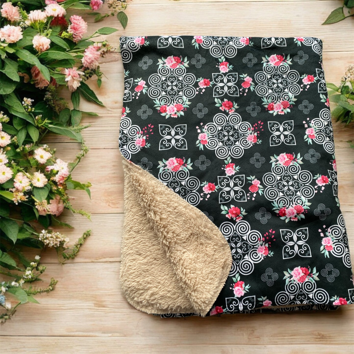 Sherpa Blanket (SAND) - Hmong Inspired Design - Red and Pink Roses Watercolor Florals Flowers on Black BG - Smaller Design