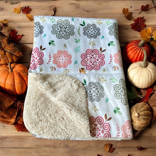 Sherpa Blanket (SAND) - Hmong Inspired - Fall Theme on White BG