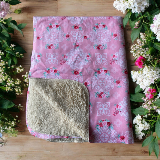 Sherpa Blanket (Sand) - Hmong Inspired Design - Red and Pink Roses Watercolor Florals - White on Pink BG