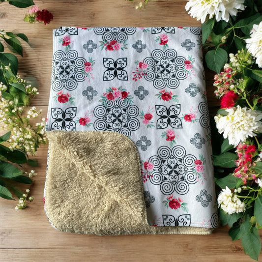 SHERPA BLANKET (SAND) - HMONG INSPIRED DESIGN - RED AND PINK WATERCOLOR FLOWERS FLORALS - BLACK ON WHITE BG